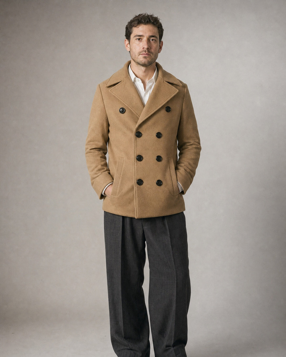 Men's Double-Breasted Peacoat – Wide lapels, Hip length | Bergamo worn, front | Belmorne