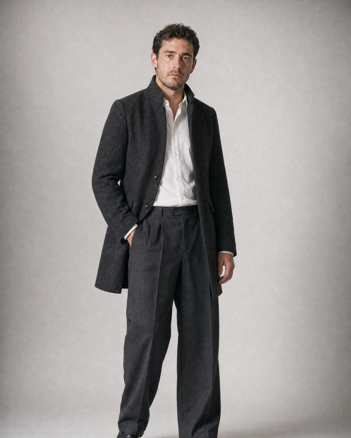 Men's Wool Stand-Collar Coat worn, three-quarter view | Belmorne