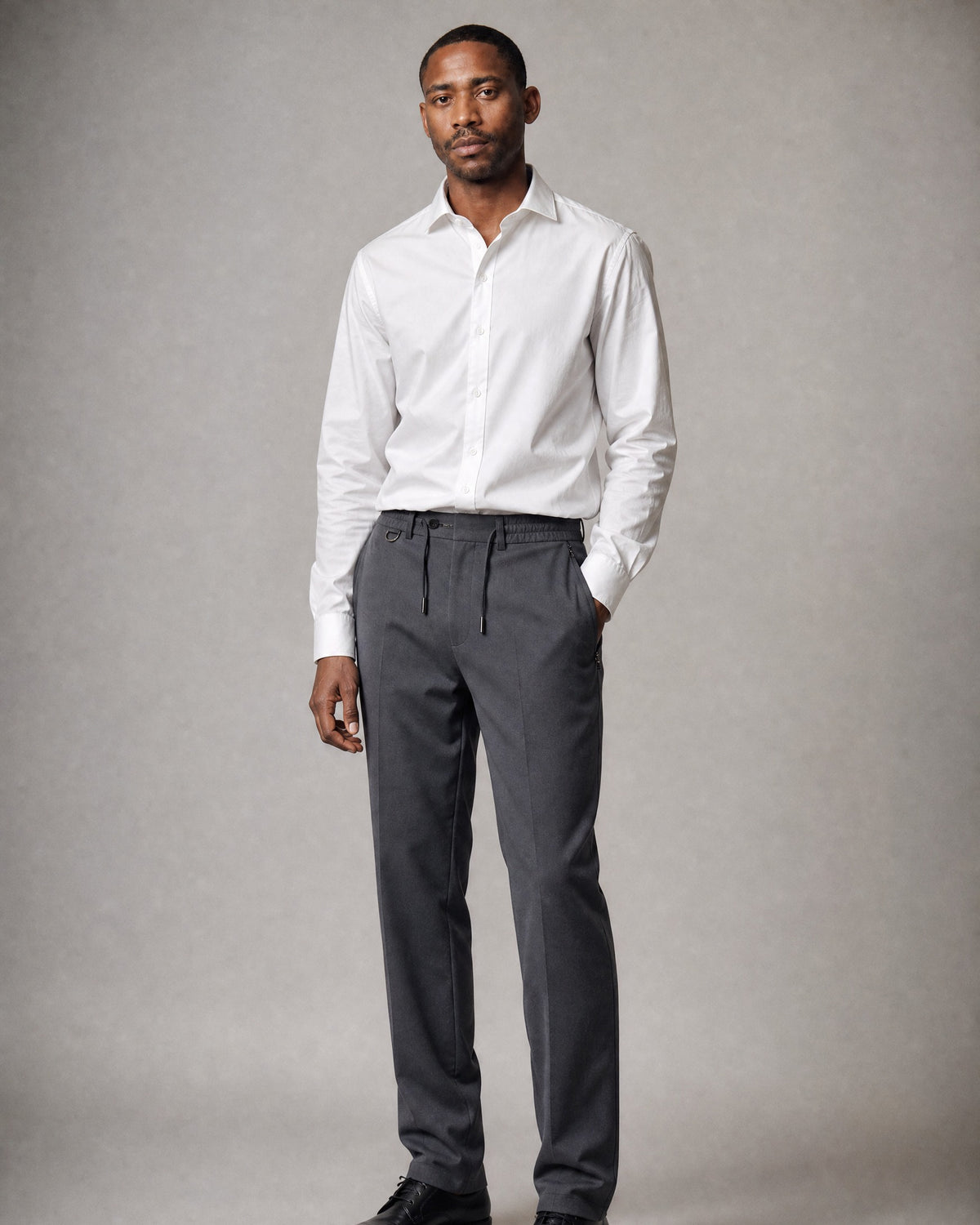 Men's Drawstring Straight Trousers worn, three-quarter view | Belmorne