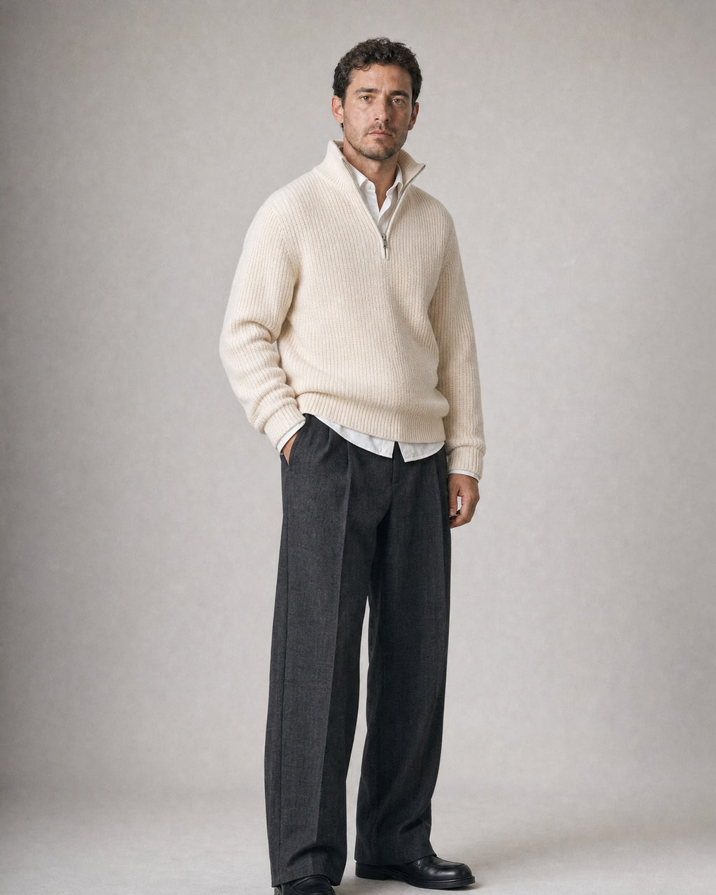 Men's Quarter-Zip Knit Sweater worn, three-quarter view | Belmorne