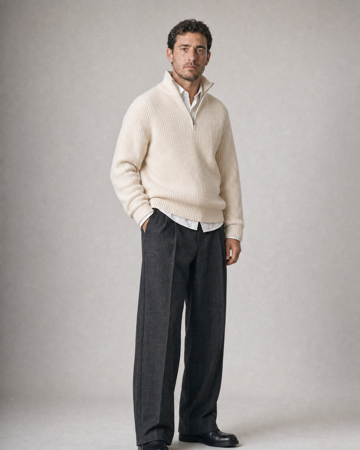 Men's Quarter-Zip Knit Sweater worn, three-quarter view | Belmorne