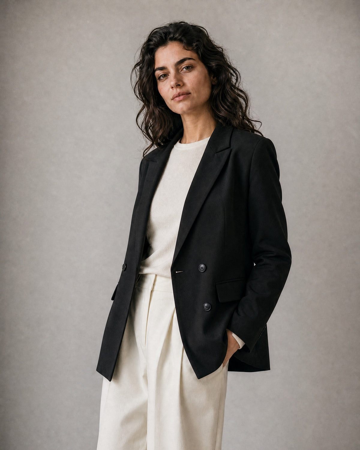 Women's Double-Breasted Blazer worn, three-quarter view | Belmorne