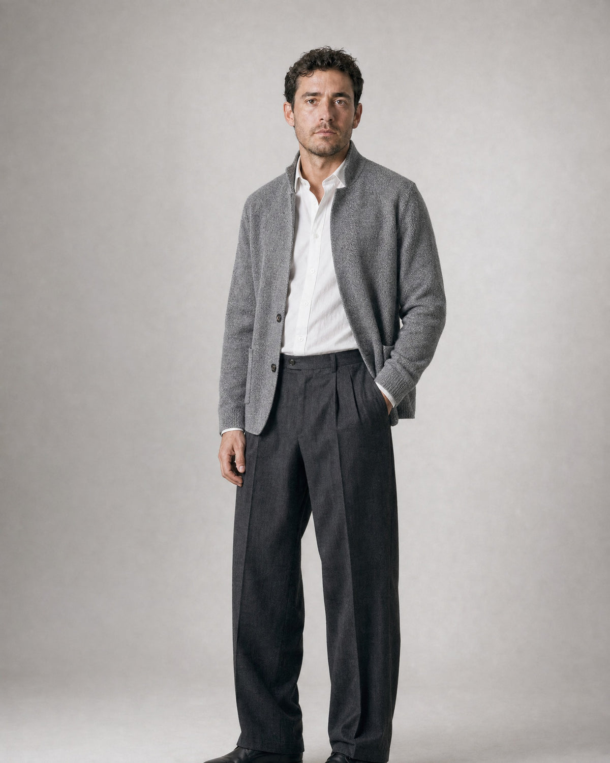 Men's Stand-Collar Knit Cardigan worn, three-quarter view | Belmorne