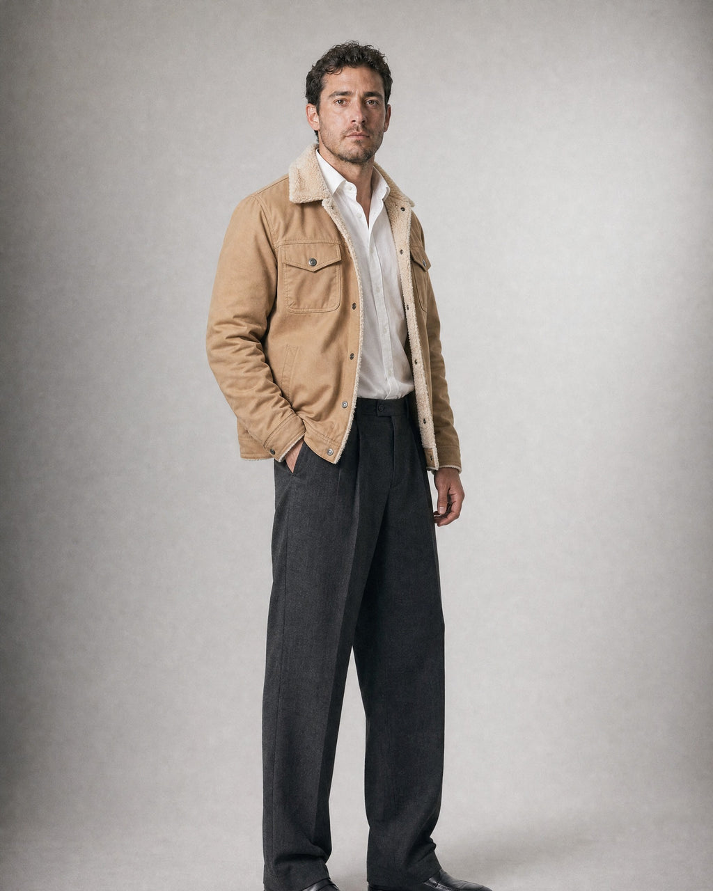 Men's Sherpa-Lined Trucker Jacket worn, three-quarter view | Belmorne