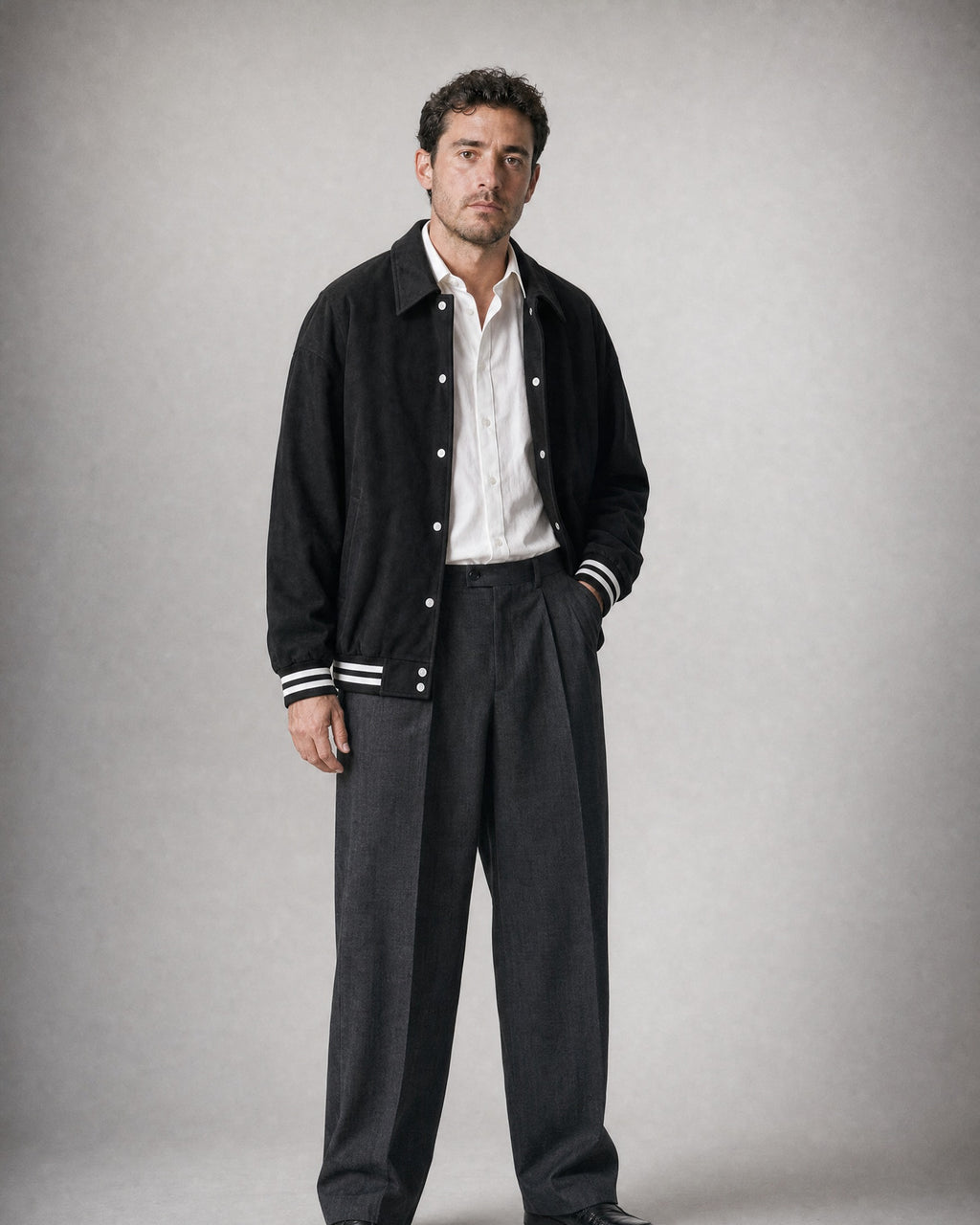 Men's Suede-Look Varsity Jacket worn, three-quarter view | Belmorne
