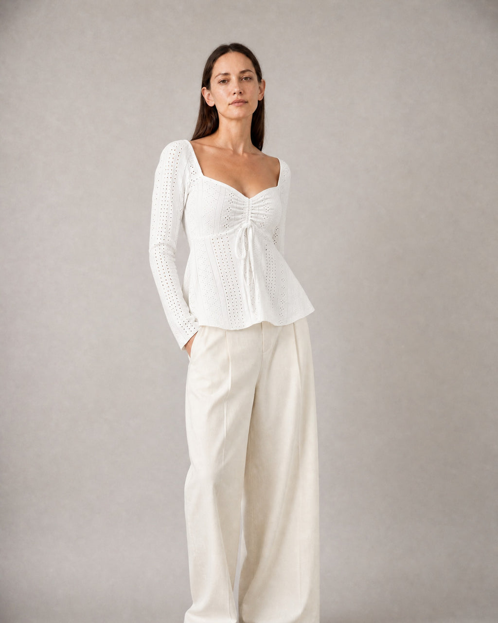 Women's Eyelet-Knit Sweetheart Top worn, three-quarter view | Belmorne