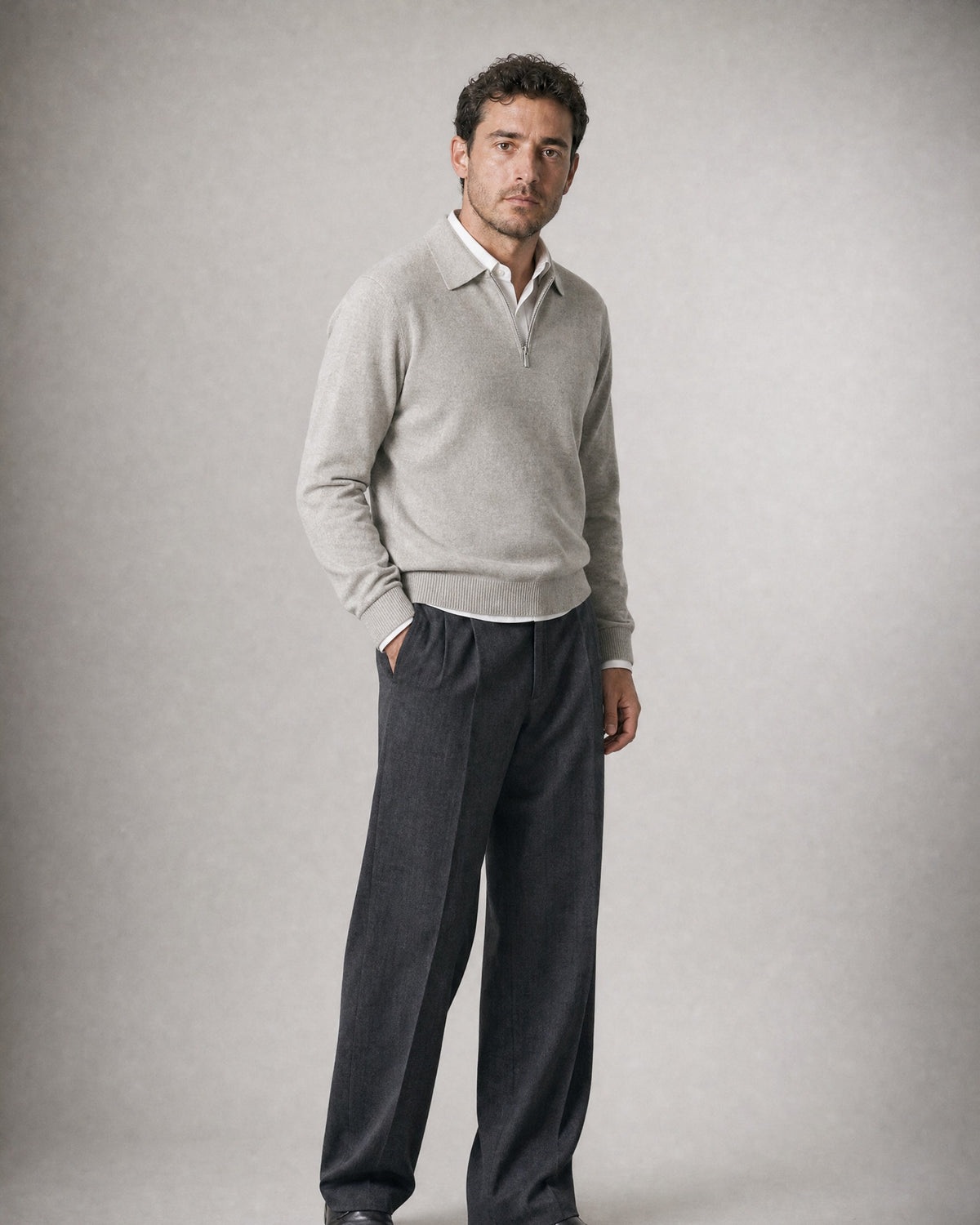 Men's Knit Polo Sweater worn, three-quarter view | Belmorne
