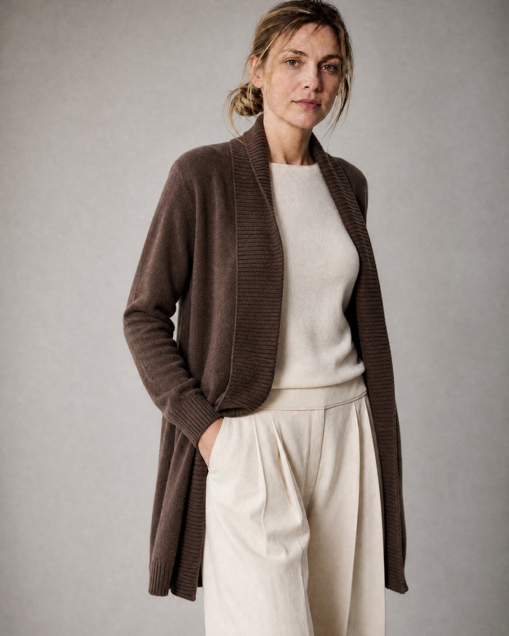 Women's Shawl-Collar Long Cardigan worn, three-quarter view | Belmorne