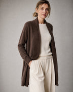 Women's Shawl-Collar Long Cardigan worn, three-quarter view | Belmorne