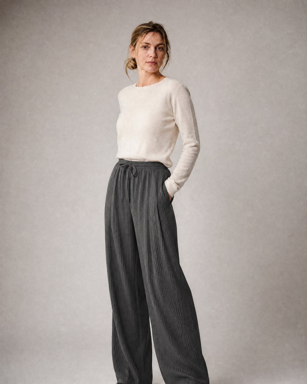 Women's Pinstripe Wide-Leg Trousers worn, three-quarter view | Belmorne