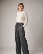 Women's Pinstripe Wide-Leg Trousers worn, three-quarter view | Belmorne