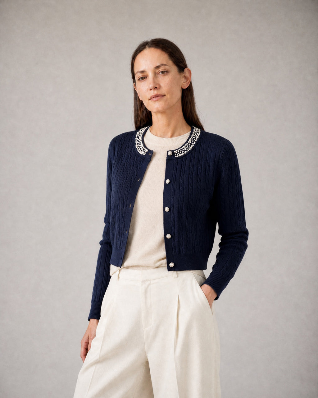Women's Cropped Cable-Knit Cardigan worn, three-quarter view | Belmorne