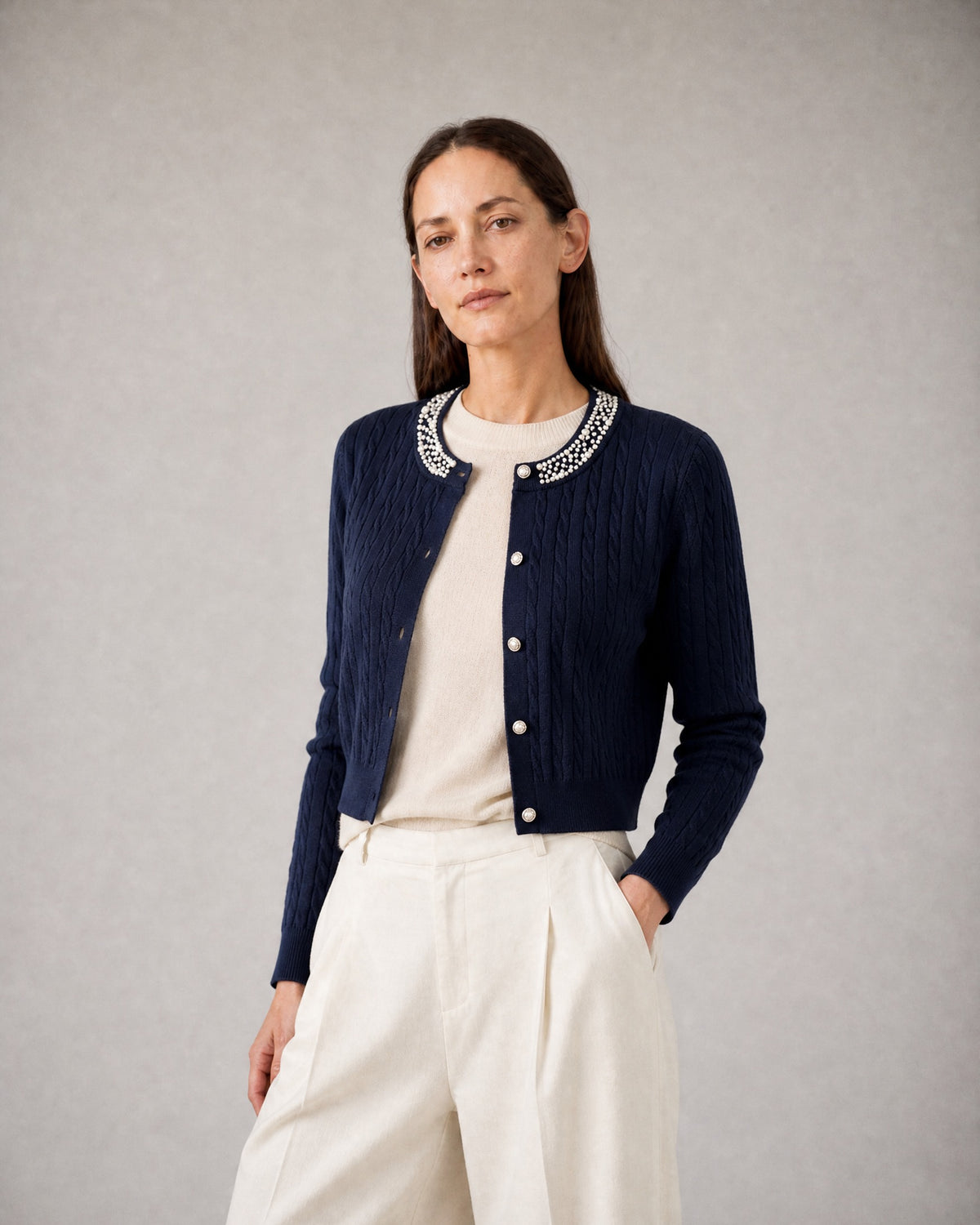 Women's Cropped Cable-Knit Cardigan worn, three-quarter view | Belmorne