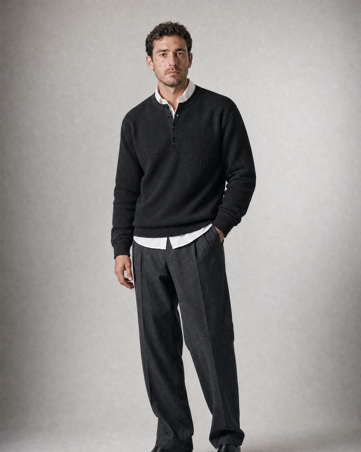 Men's Waffle-Knit Henley worn, three-quarter view | Belmorne