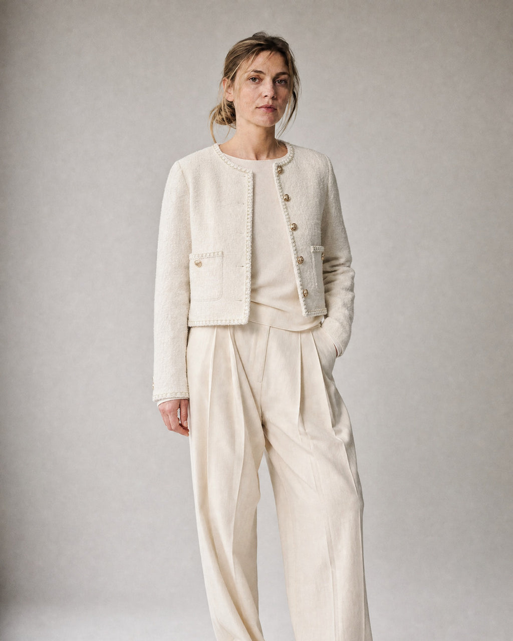 Women's Cropped Tweed Jacket worn, three-quarter view | Belmorne