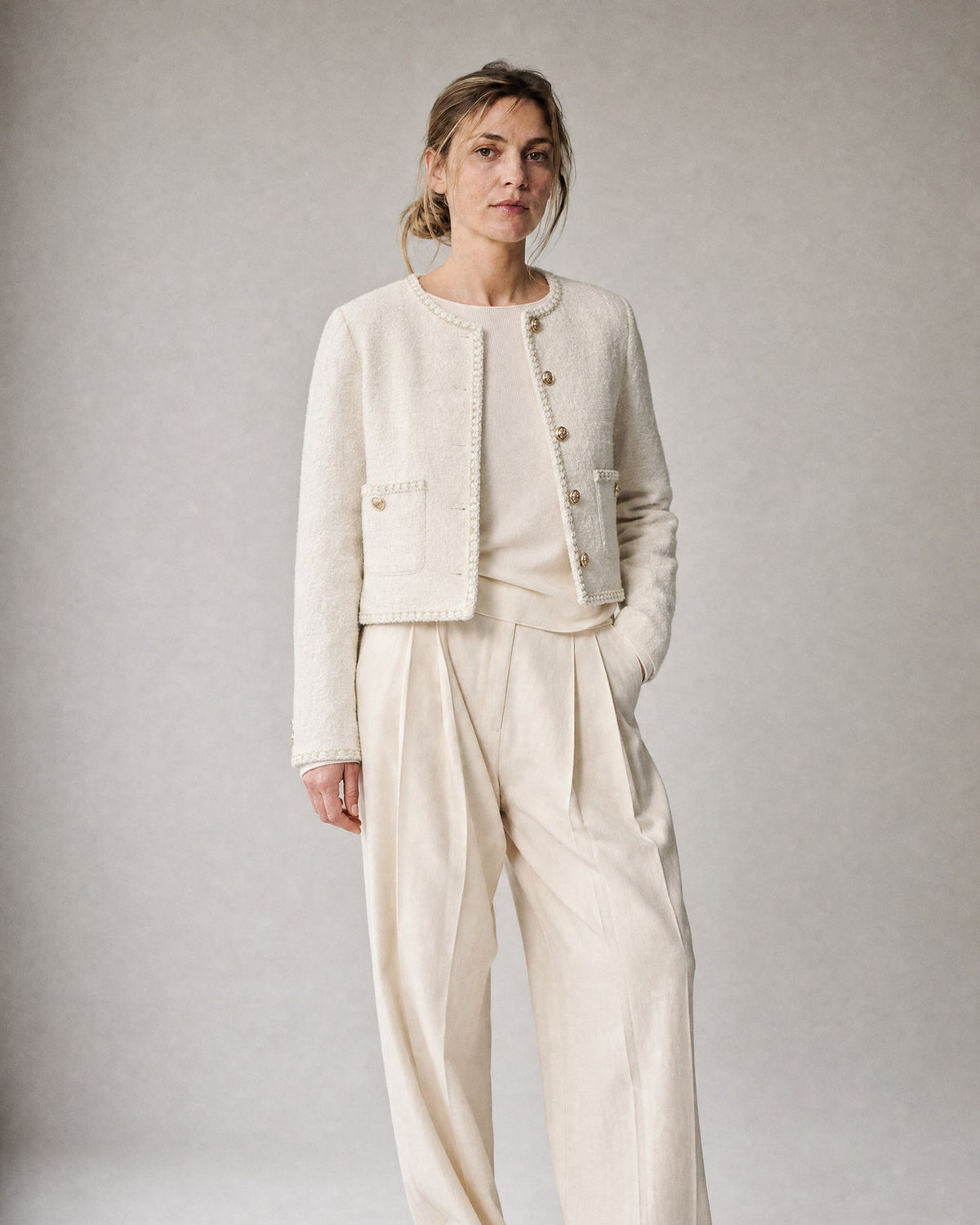 Women's Cropped Tweed Jacket worn, three-quarter view | Belmorne
