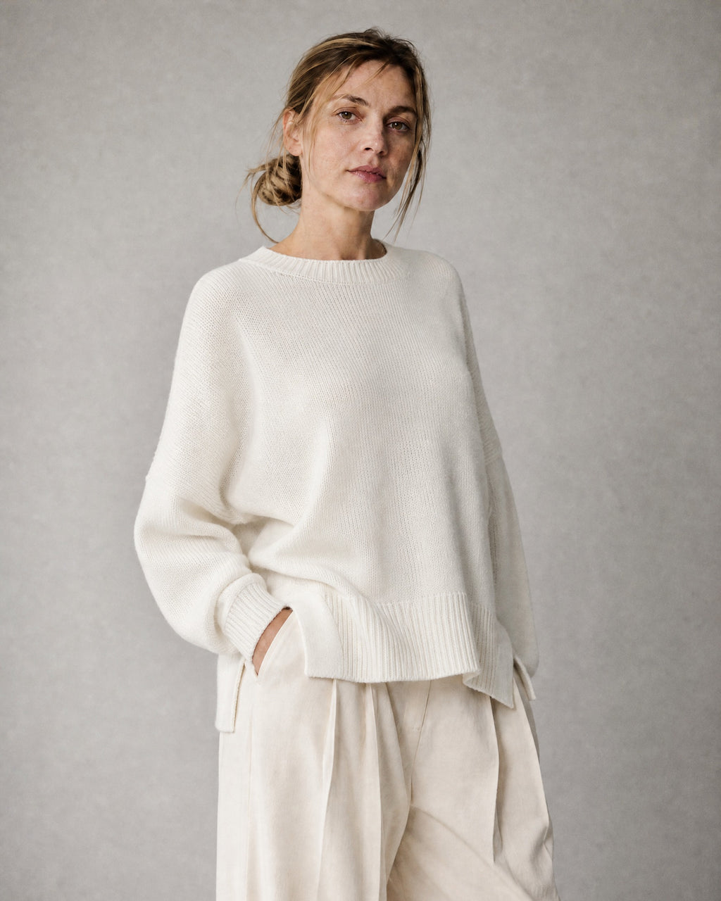 Women's Chunky-Knit Crew-Neck Sweater worn, three-quarter view | Belmorne