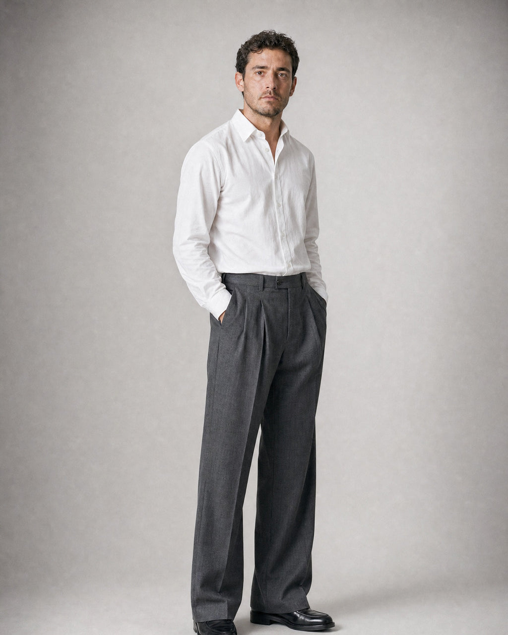 Men's Pleated Tailored Trousers worn, three-quarter view | Belmorne
