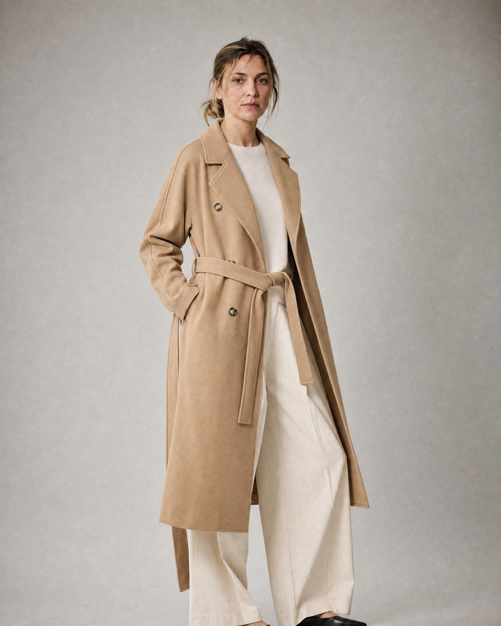 Women's Belted Trench Coat worn, three-quarter view | Belmorne
