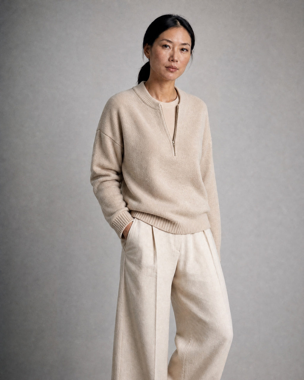 Women's Crew-Neck Half-Zip Sweater worn, three-quarter view | Belmorne