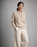 Women's Crew-Neck Half-Zip Sweater worn, three-quarter view | Belmorne