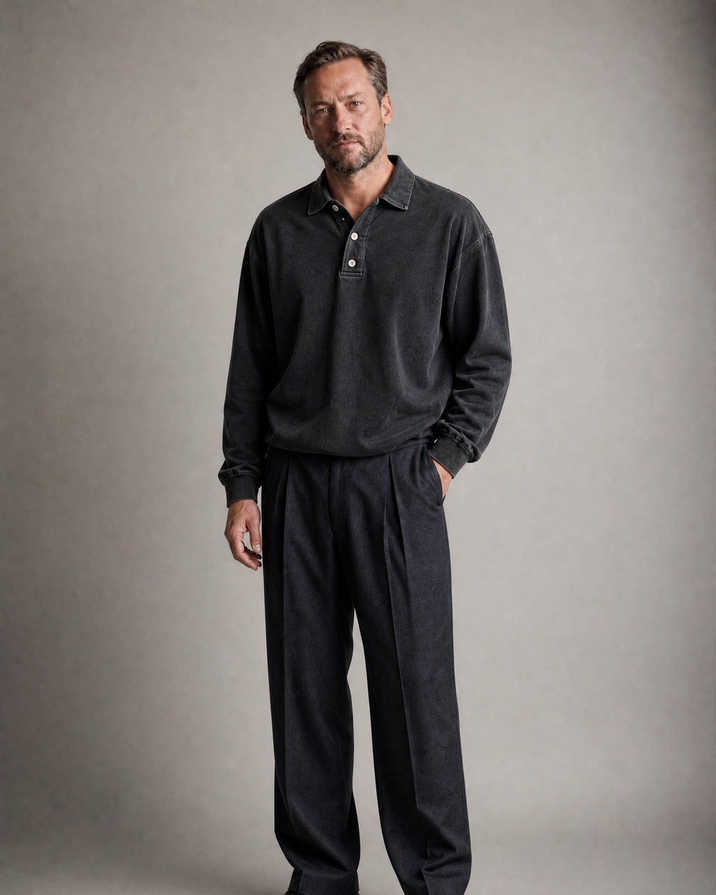 Men's Washed Long Sleeve Polo Shirt worn, three-quarter view | Belmorne
