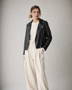 Women's Faux Leather Jacket worn, three-quarter view | Belmorne