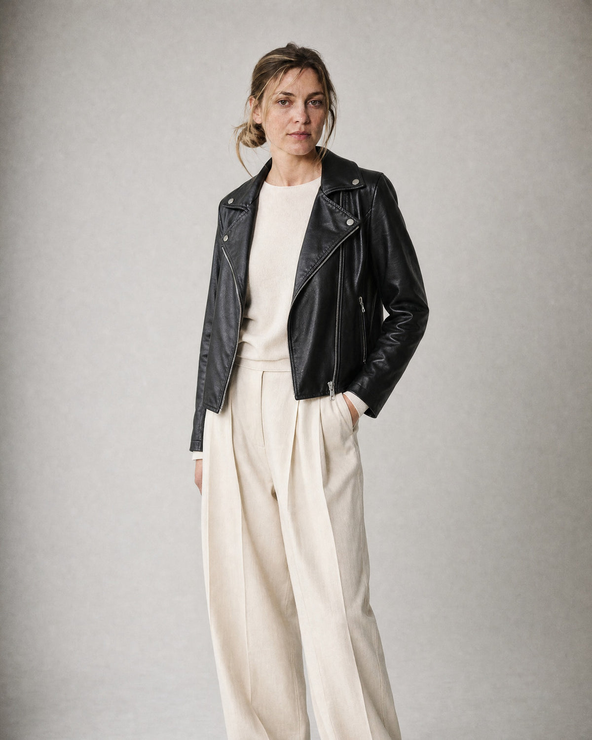 Women's Faux Leather Jacket worn, three-quarter view | Belmorne