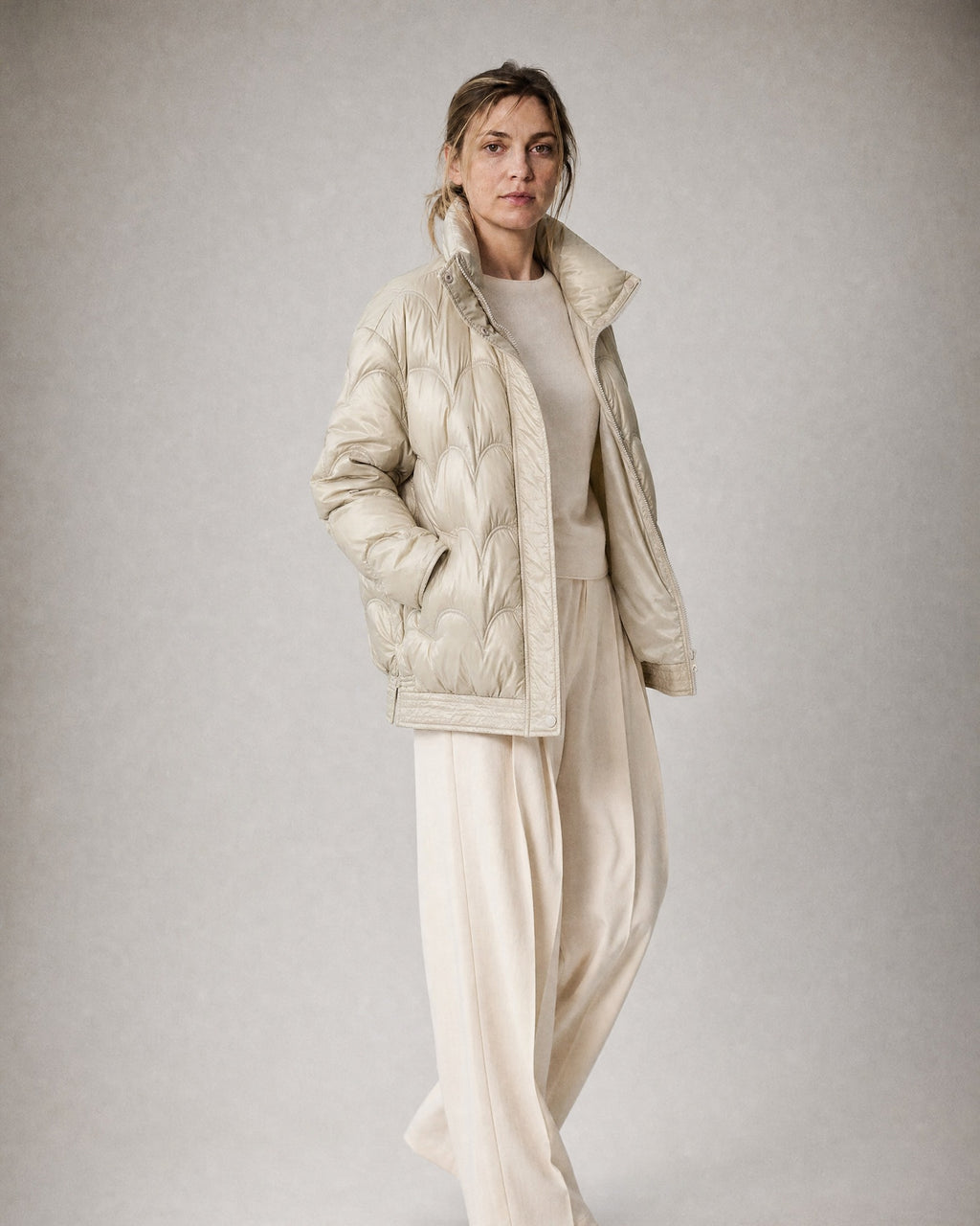 Women's Quilted Jacket worn, three-quarter view | Belmorne