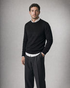 Men's Fine Knit Crew-Neck Sweater worn, three-quarter view | Belmorne