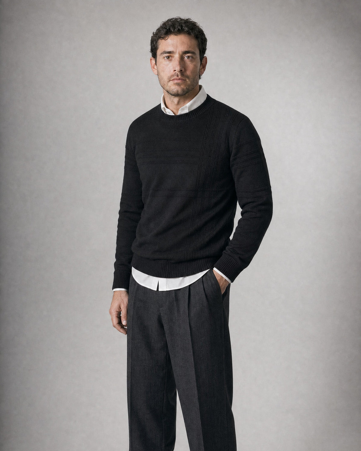 Men's Fine Knit Crew-Neck Sweater worn, three-quarter view | Belmorne