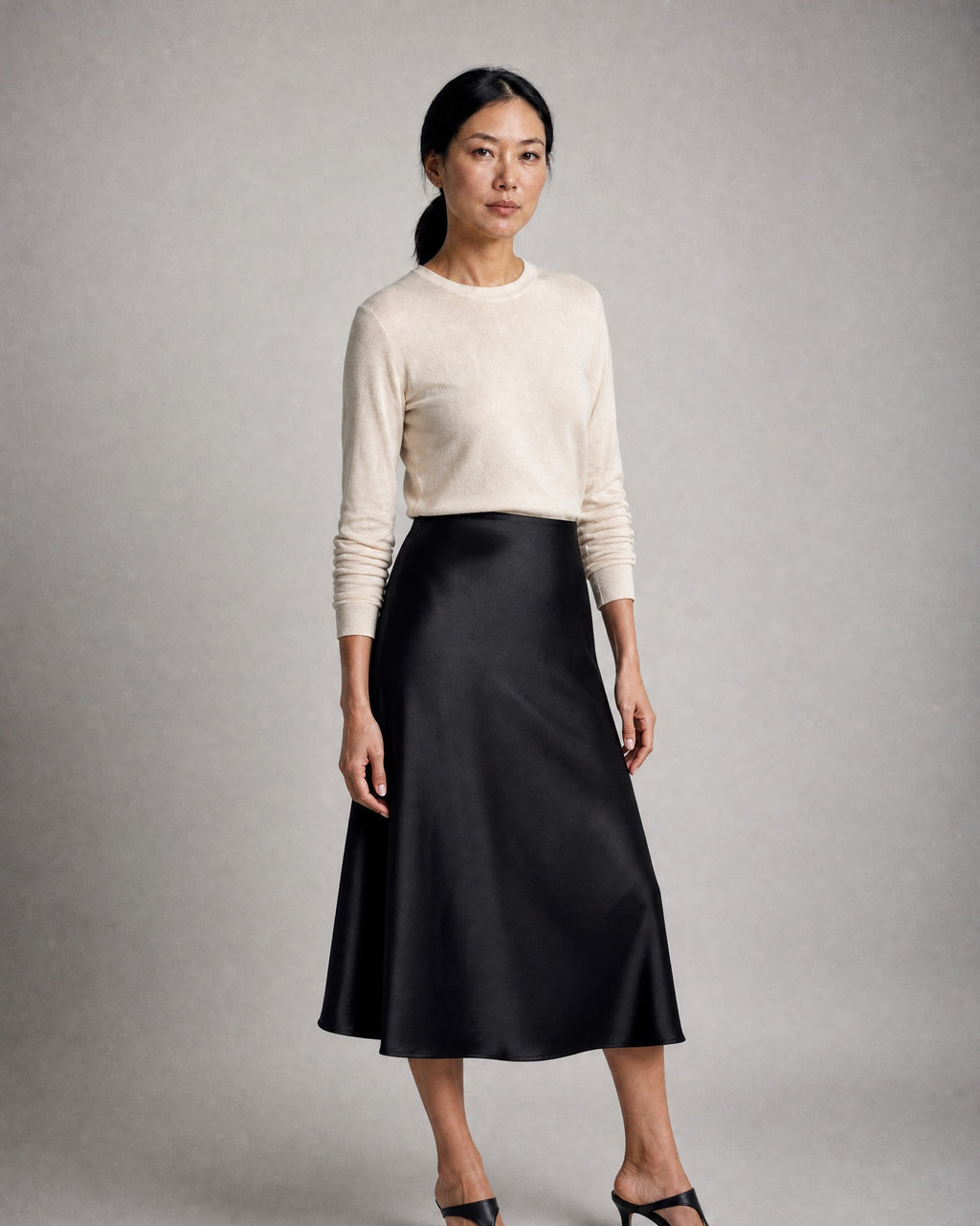 Women's Satin Midi Skirt worn, three-quarter view | Belmorne