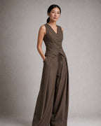 Women's Pinstripe Waistcoat and Wide-Leg Trouser Set worn, three-quarter view | Belmorne
