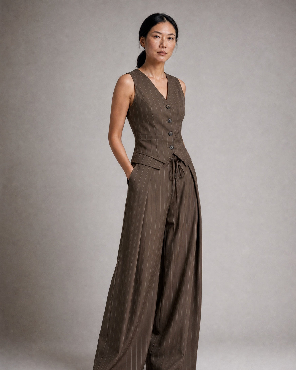 Women's Pinstripe Waistcoat and Wide-Leg Trouser Set worn, three-quarter view | Belmorne