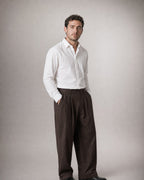Men's Double-Pleat Wide-Leg Trousers worn, three-quarter view | Belmorne
