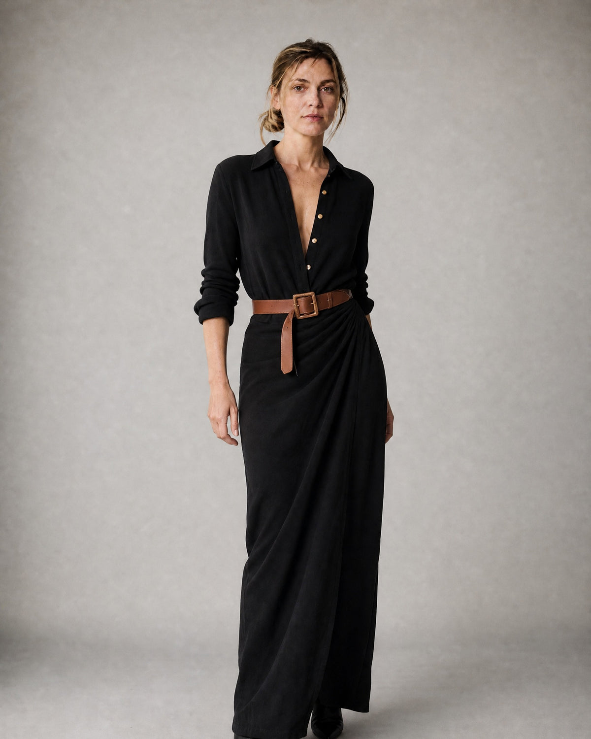 Women's Belted Shirt Dress worn, three-quarter view | Belmorne