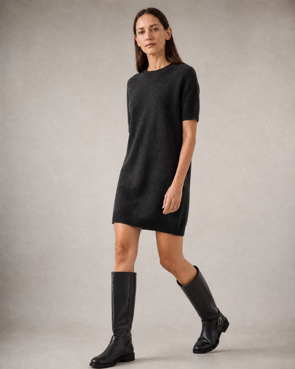 Women's Faux-Leather Riding Boots worn, three-quarter view | Belmorne