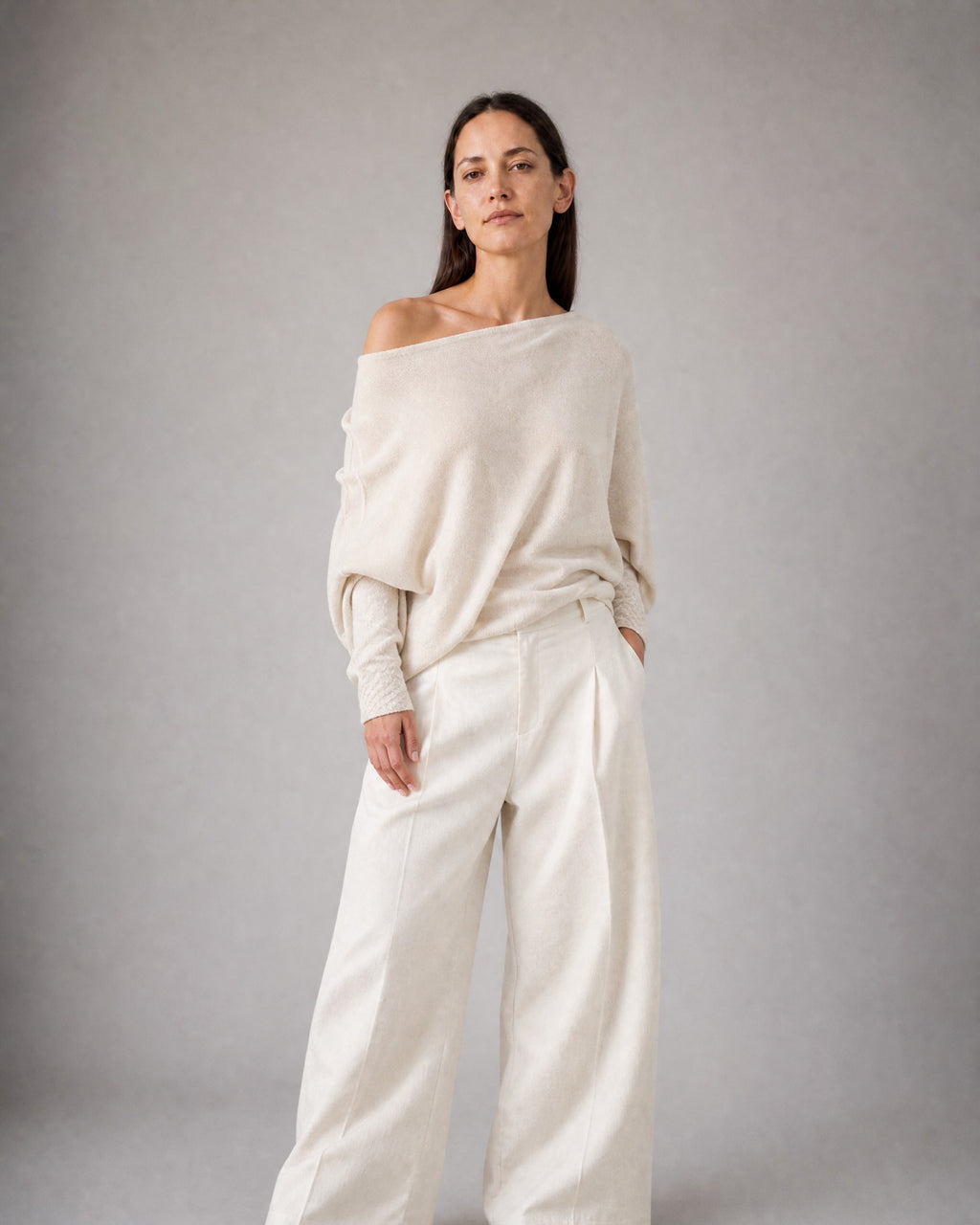 Women's Off-Shoulder Sweater worn, three-quarter view | Belmorne