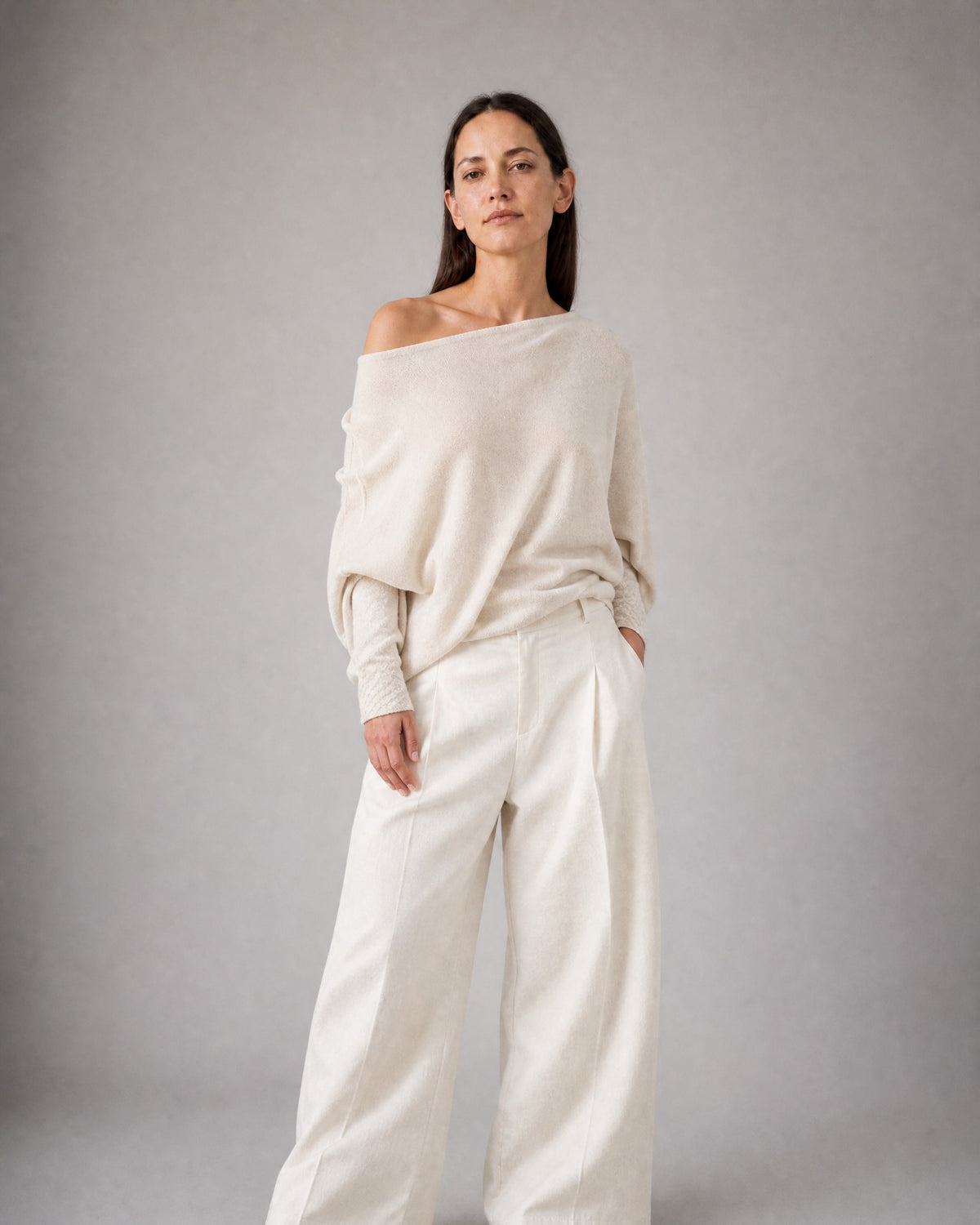Women's Off-Shoulder Sweater worn, three-quarter view | Belmorne
