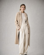 Women's Long Lapel Coat worn, three-quarter view | Belmorne