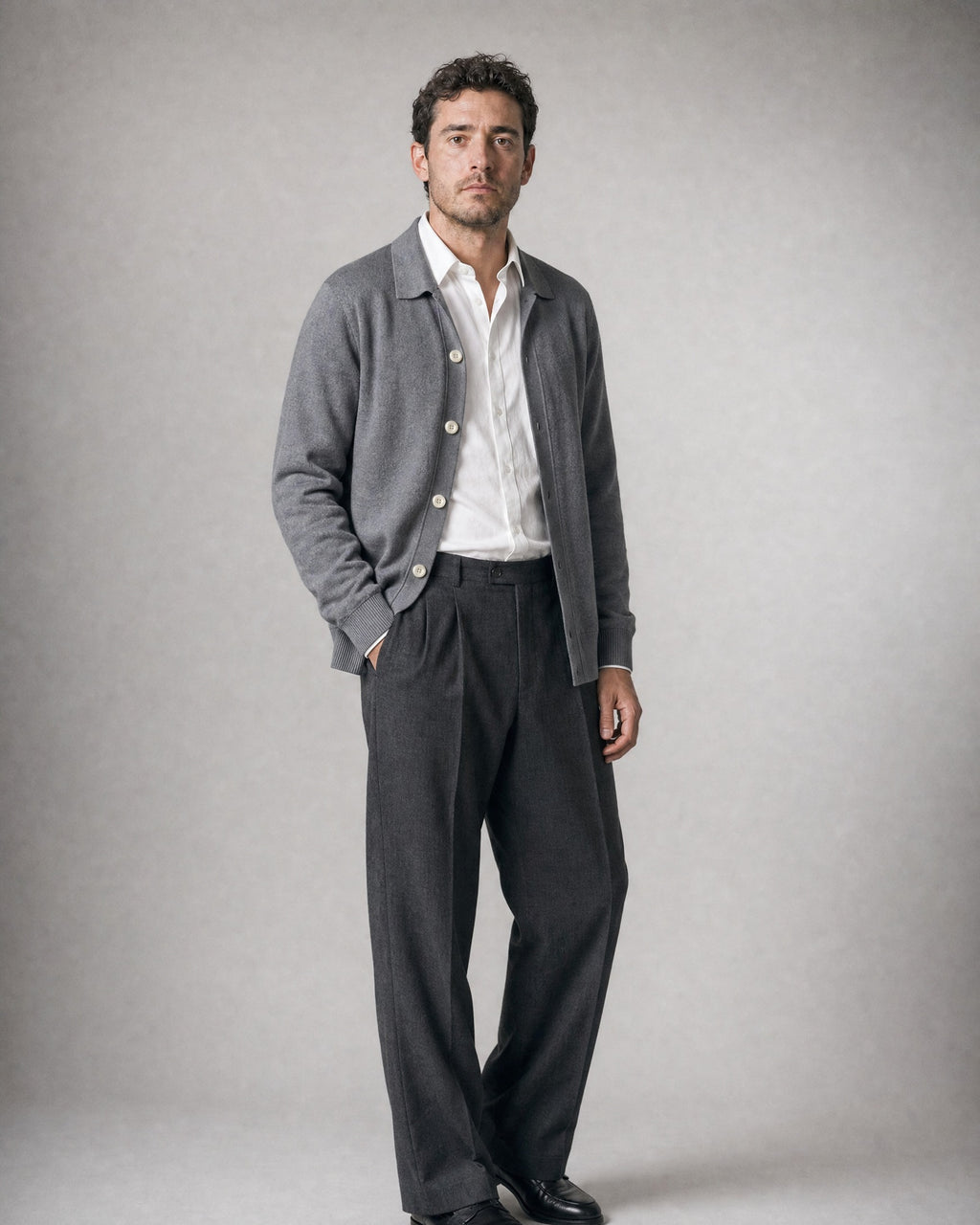 Men's Collared Knit Cardigan worn, three-quarter view | Belmorne