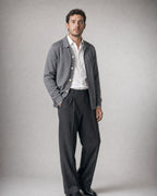 Men's Collared Knit Cardigan worn, three-quarter view | Belmorne