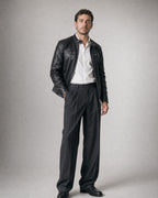 Men's Faux-Leather Racer Jacket worn, three-quarter view | Belmorne