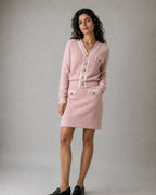 Women's Viscose Knit Cardigan and Skirt Set worn, three-quarter view | Belmorne