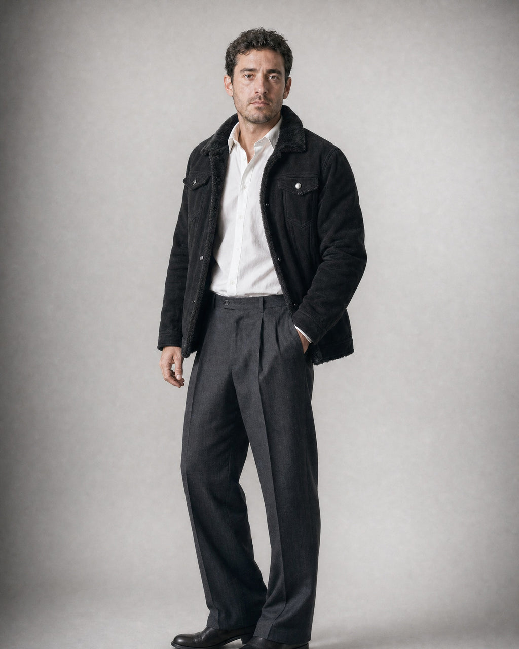 Men's Fleece-Lined Lapel Coat worn, three-quarter view | Belmorne