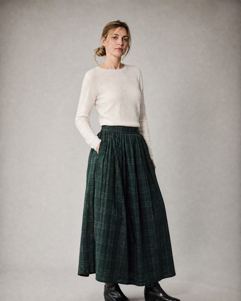 Women's Plaid Pleated Maxi Skirt worn, three-quarter view | Belmorne