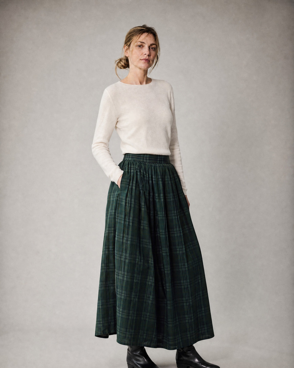 Women's Plaid Pleated Maxi Skirt worn, three-quarter view | Belmorne