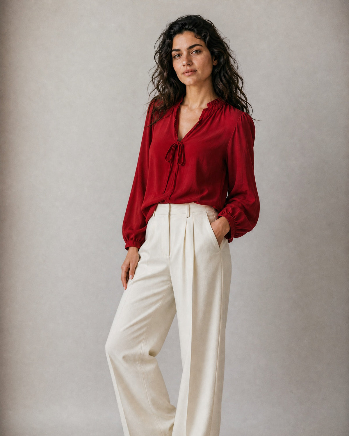 Women's Chiffon Tie-Neck Blouse worn, three-quarter view | Belmorne
