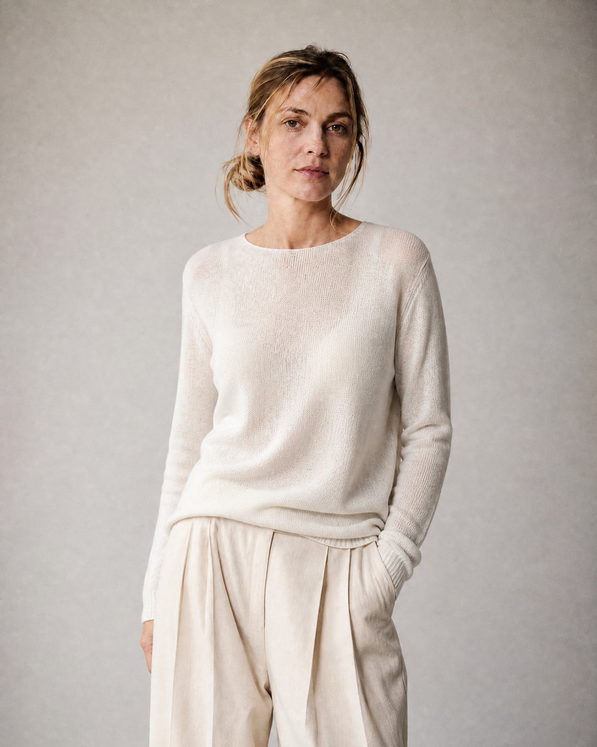 Women's Relaxed Crew-Neck Sweater worn, three-quarter view | Belmorne