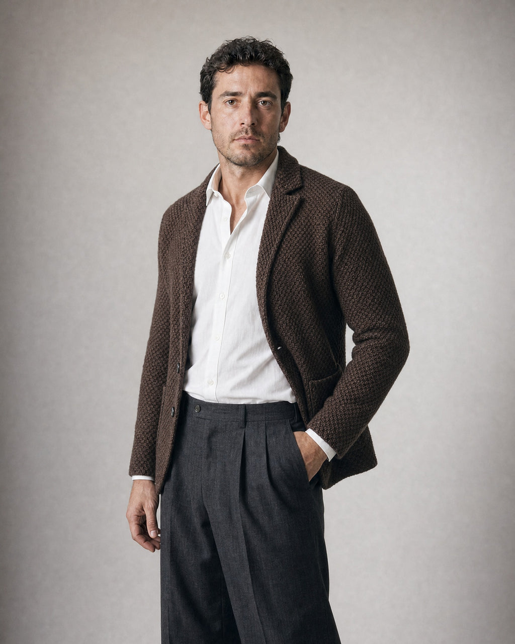 Men's Knit Blazer worn, three-quarter view | Belmorne
